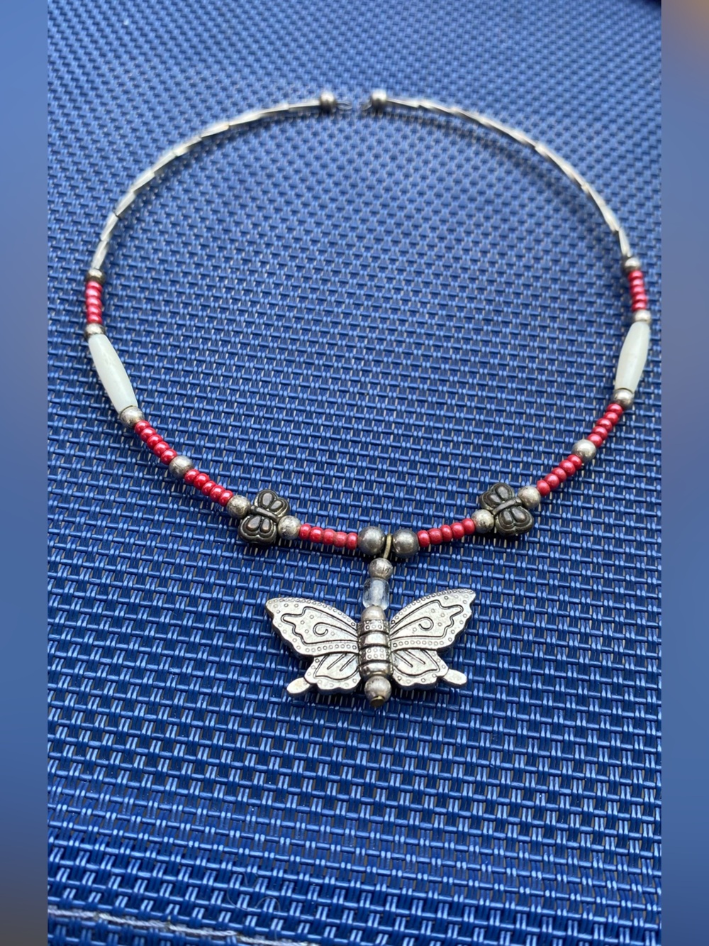 Silver Butterfly Pendant Beaded Choker Necklace - Red